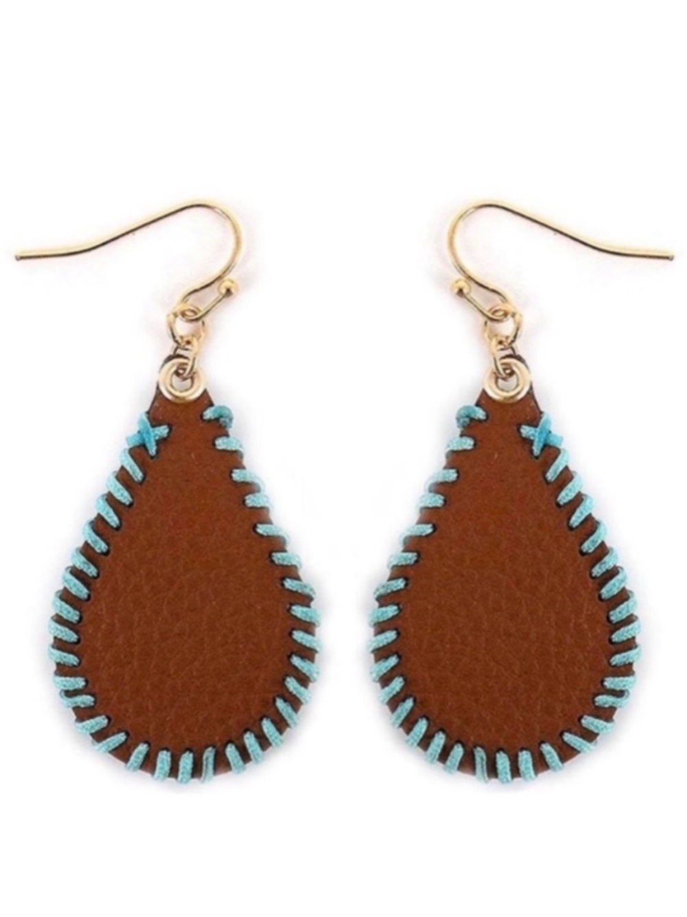 Brown Faux Leather Teardrop Earrings | Turquoise Whipstitch | NWT